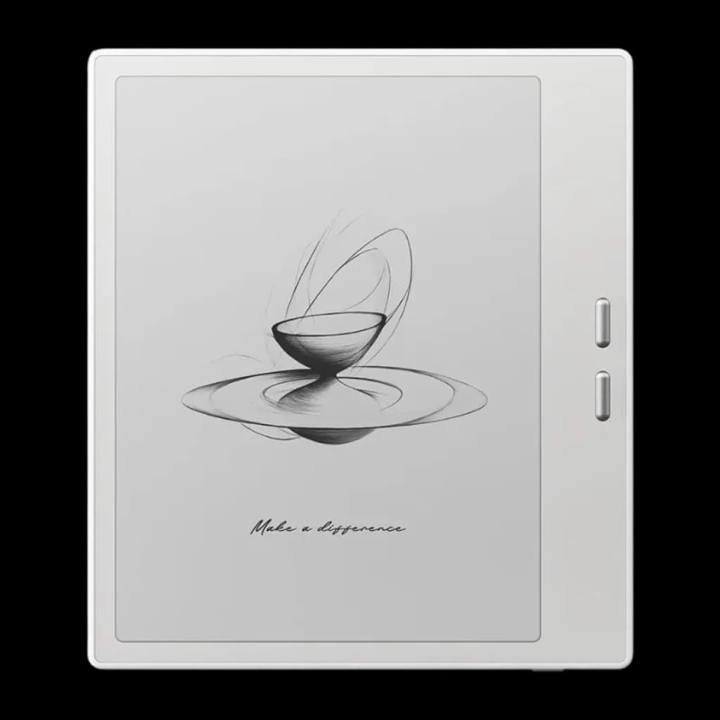 Tableta ePaper blanca de 7 pulgadas con bisel asimétrico, botones laterales y pantalla Carta 1300; diseño minimalista y acabado limpio, 64GB y Android 13