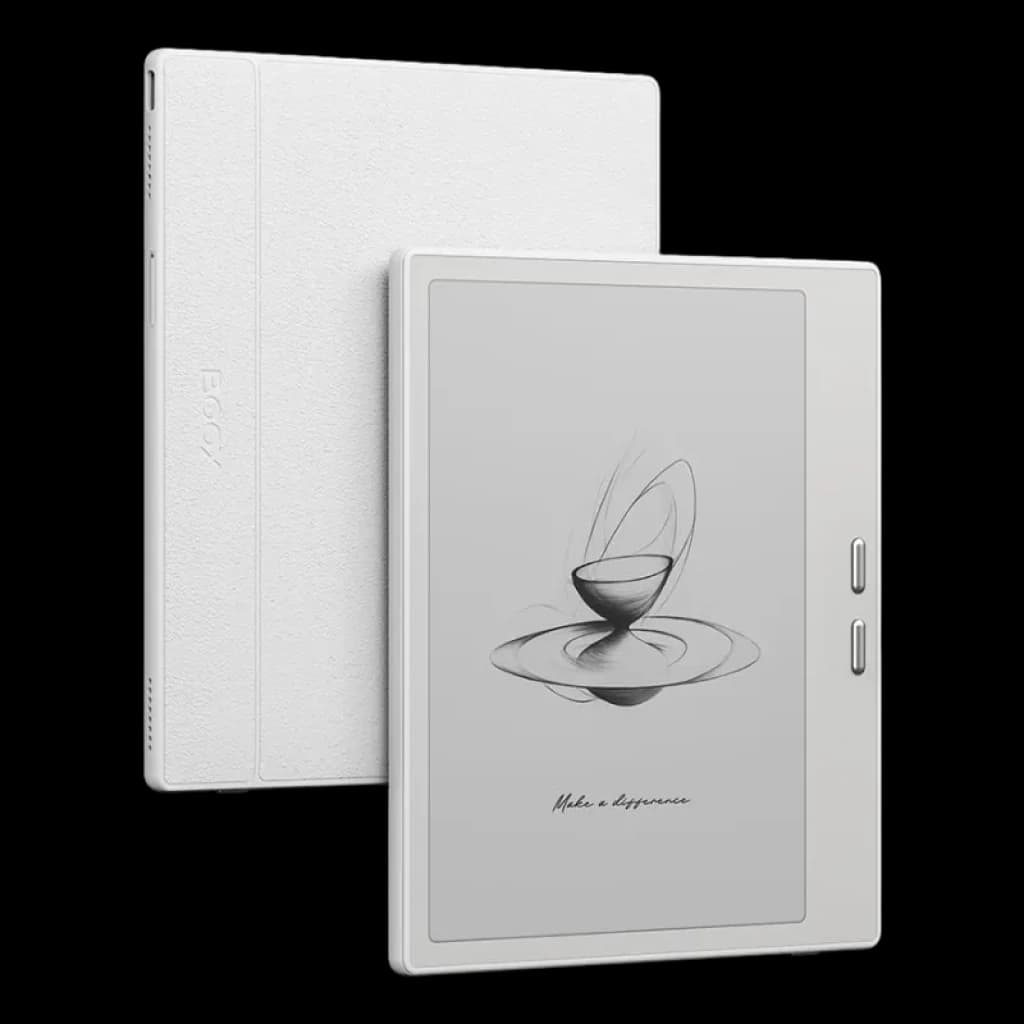 Tableta ePaper blanca de 7 pulgadas con pantalla Carta 1300, 64GB, bisel delgado y dos botones laterales; diseño minimalista y ligero con Android 13