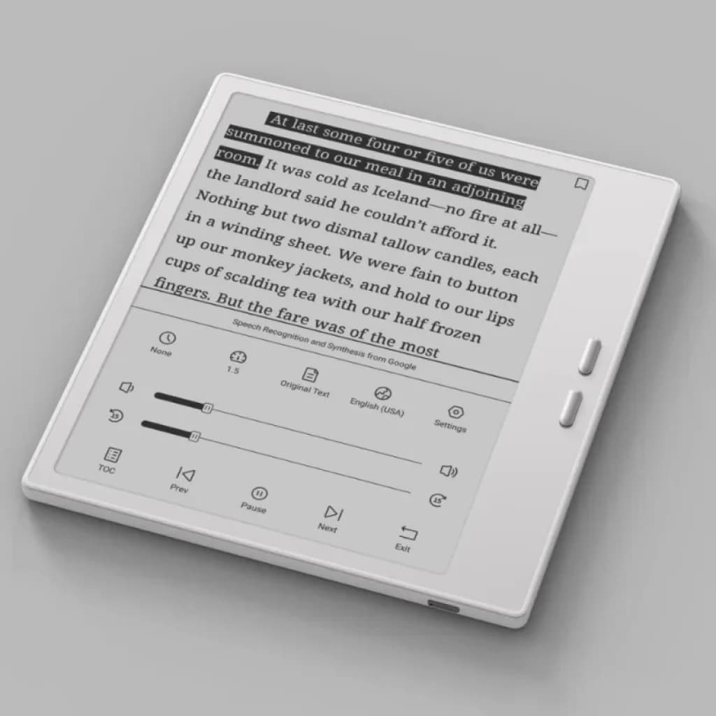 Tablet ePaper BOOX Go 7 pulgadas blanca, bisel fino, botones laterales físicos, pantalla Carta 1300 mate con texto nítido, controles táctiles en pantalla