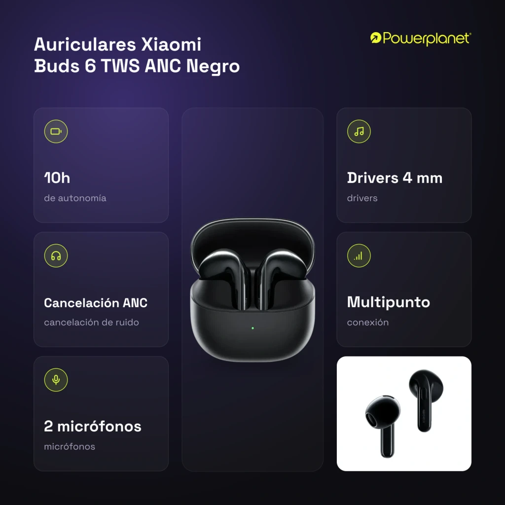 Boîtier noir compact avec deux écouteurs brillants à tige, finition métallisée, LED d état verte à l avant, design arrondi et port USB-C dessous - Ítem3