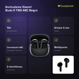 Auriculares Xiaomi Buds 6 TWS negros con estuche brillante, diseño in-ear, dos micrófonos, drivers 4 mm, LED frontal, puntas ergonómicas y acabado pulido