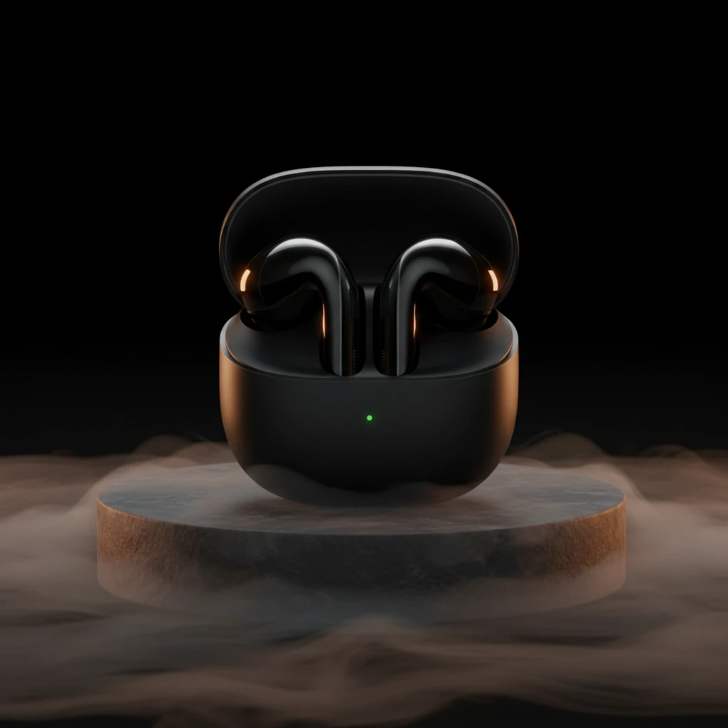 Boîtier noir compact avec deux écouteurs brillants à tige, finition métallisée, LED d état verte à l avant, design arrondi et port USB-C dessous - Ítem4