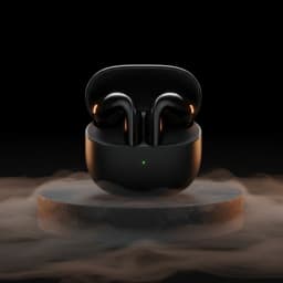 Auriculares Xiaomi Buds 6 en negro brillante con estuche ovalado, luz LED verde frontal, diseño in-ear curvo y detalles metálicos, estilo premium