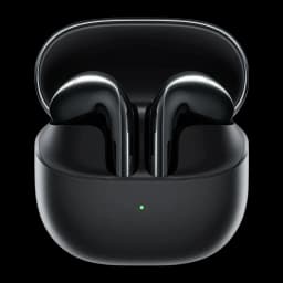 Auriculares Xiaomi Buds 6 negros brillantes con estuche compacto mate, diseño intraural tipo botón, indicador LED frontal y acabado metálico elegante
