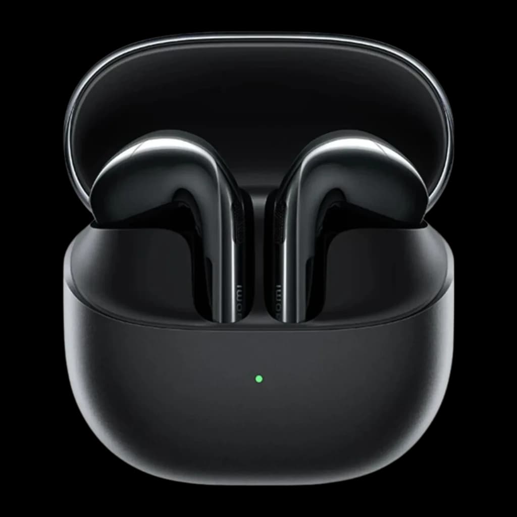 Boîtier noir compact avec deux écouteurs brillants à tige, finition métallisée, LED d état verte à l avant, design arrondi et port USB-C dessous