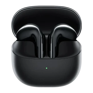 Auriculares Xiaomi Buds 6 negros brillantes con estuche compacto mate, diseño intraural tipo botón, indicador LED frontal y acabado metálico elegante