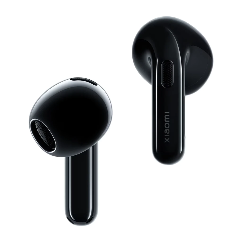 Boîtier noir compact avec deux écouteurs brillants à tige, finition métallisée, LED d état verte à l avant, design arrondi et port USB-C dessous - Ítem1