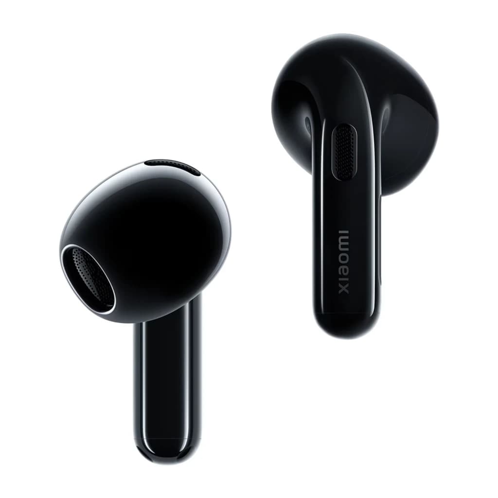 Écouteurs noirs brillants au design semi intra, tiges allongées, embouts lisses, grilles noires visibles, logo xiaomi discret, finition élégante et épurée