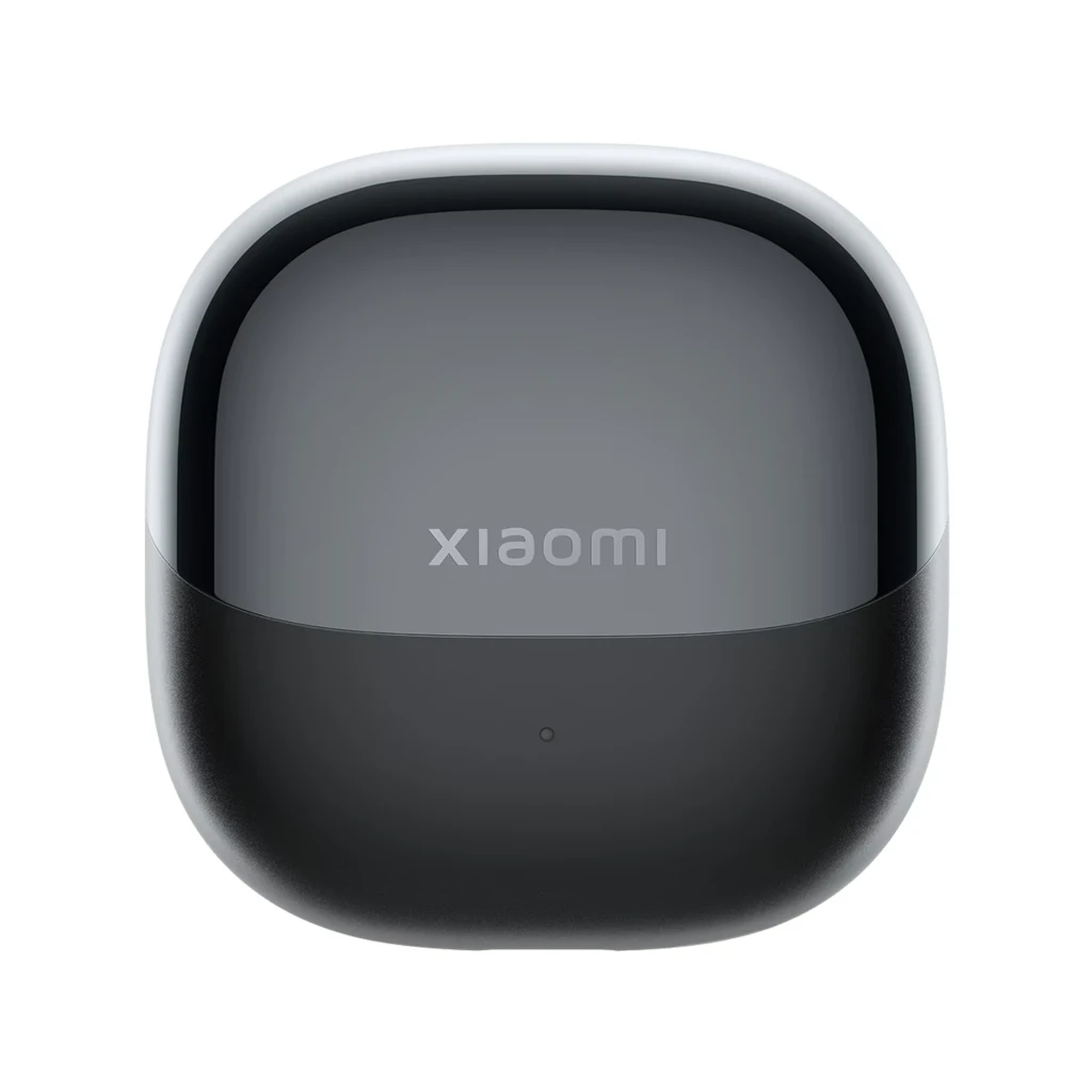 Boîtier noir compact avec deux écouteurs brillants à tige, finition métallisée, LED d état verte à l avant, design arrondi et port USB-C dessous - Ítem2