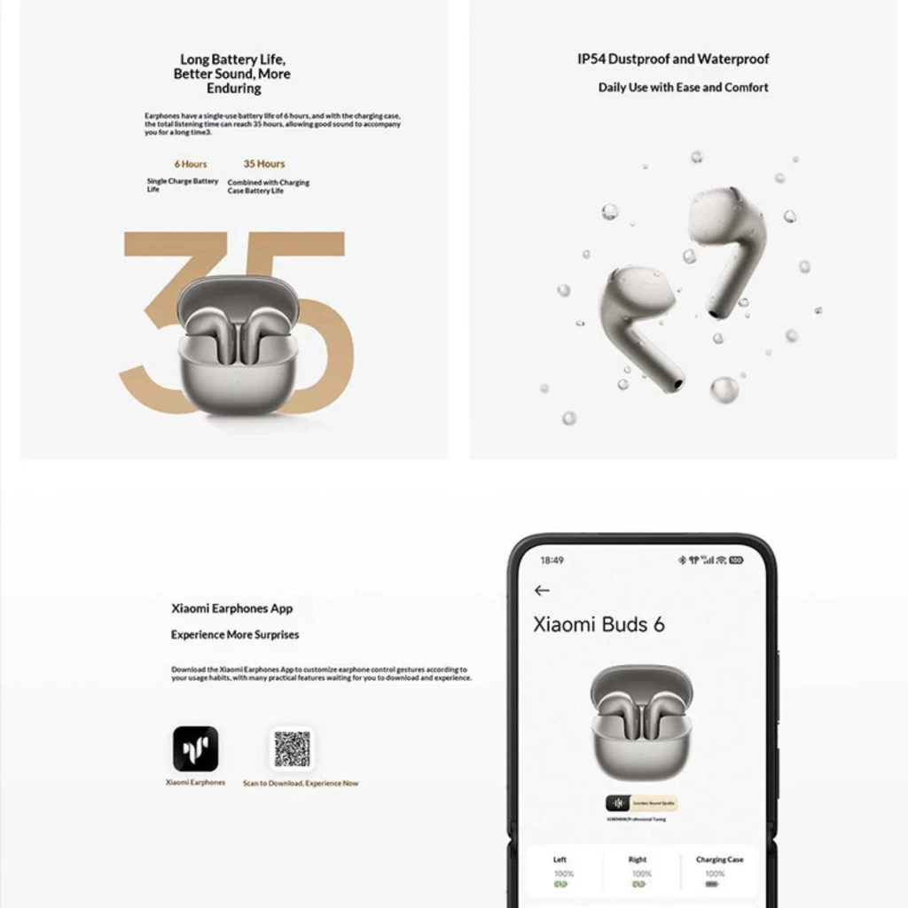 Xiaomi Buds 6 TWS ANC 55 dB LDAC Gris Titane, écouteurs intra-auriculaires noirs brillants dans boîtier de charge mat compact avec LED frontale verte - Ítem5