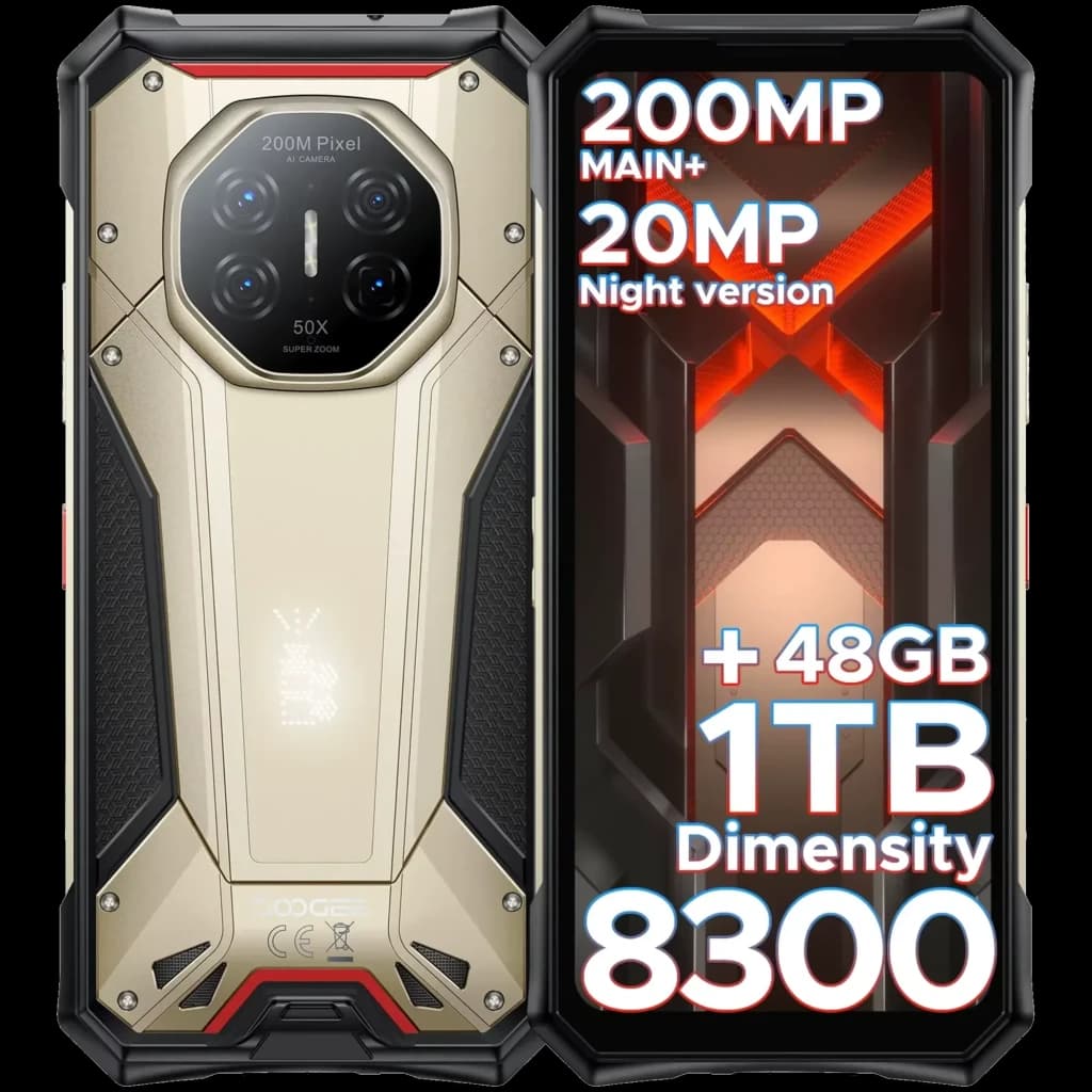 Doogee S300 Plus titanio dorado robusto, módulo trasero 200 MP, frontal con pantalla 6.72, bordes reforzados, detalles rojos y textura antideslizante