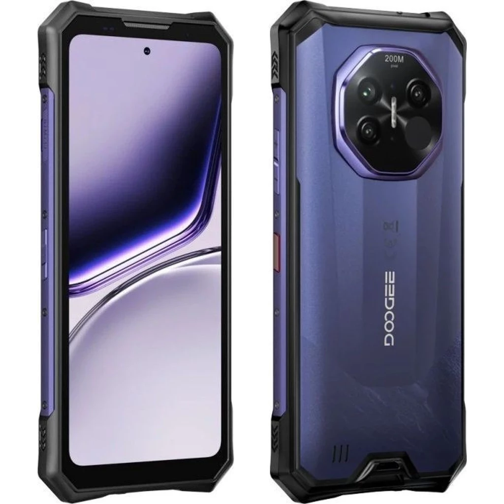 Smartphone Doogee S300 Plus azul rugerizado con pantalla perforada, marco reforzado negro, gran módulo trasero hexagonal con cámaras y logo Doogee vertical - Ítem1