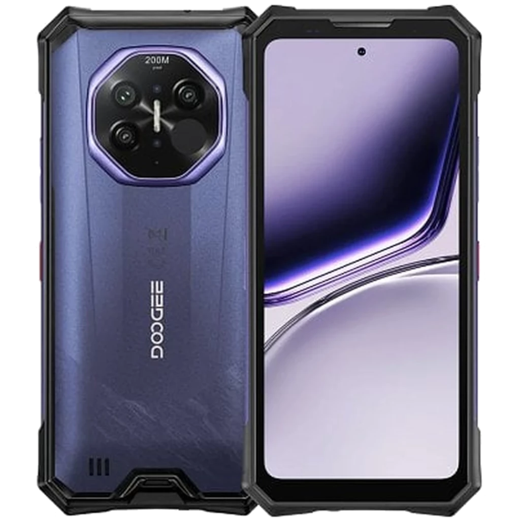 Smartphone Doogee S300 Plus azul rugerizado con pantalla perforada, marco reforzado negro, gran módulo trasero hexagonal con cámaras y logo Doogee vertical - Ítem