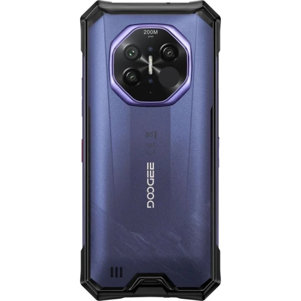 Smartphone Doogee S300 Plus azul rugerizado con pantalla perforada, marco reforzado negro, gran módulo trasero hexagonal con cámaras y logo Doogee vertical - Ítem2