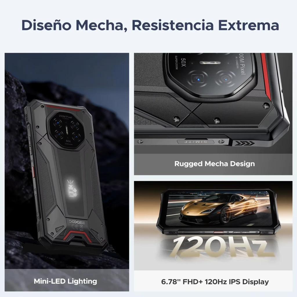 Doogee S300 Plus gris rugerizado con pantalla grande, módulo de cámara trasera octogonal prominente, detalles LED frontales, estilo robusto industrial - Ítem4