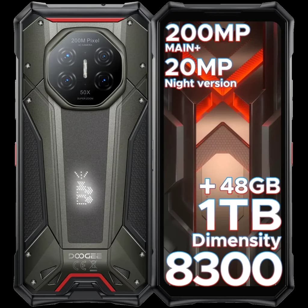 Doogee S300 Plus gris rugerizado con pantalla grande, módulo de cámara trasera octogonal prominente, detalles LED frontales, estilo robusto industrial