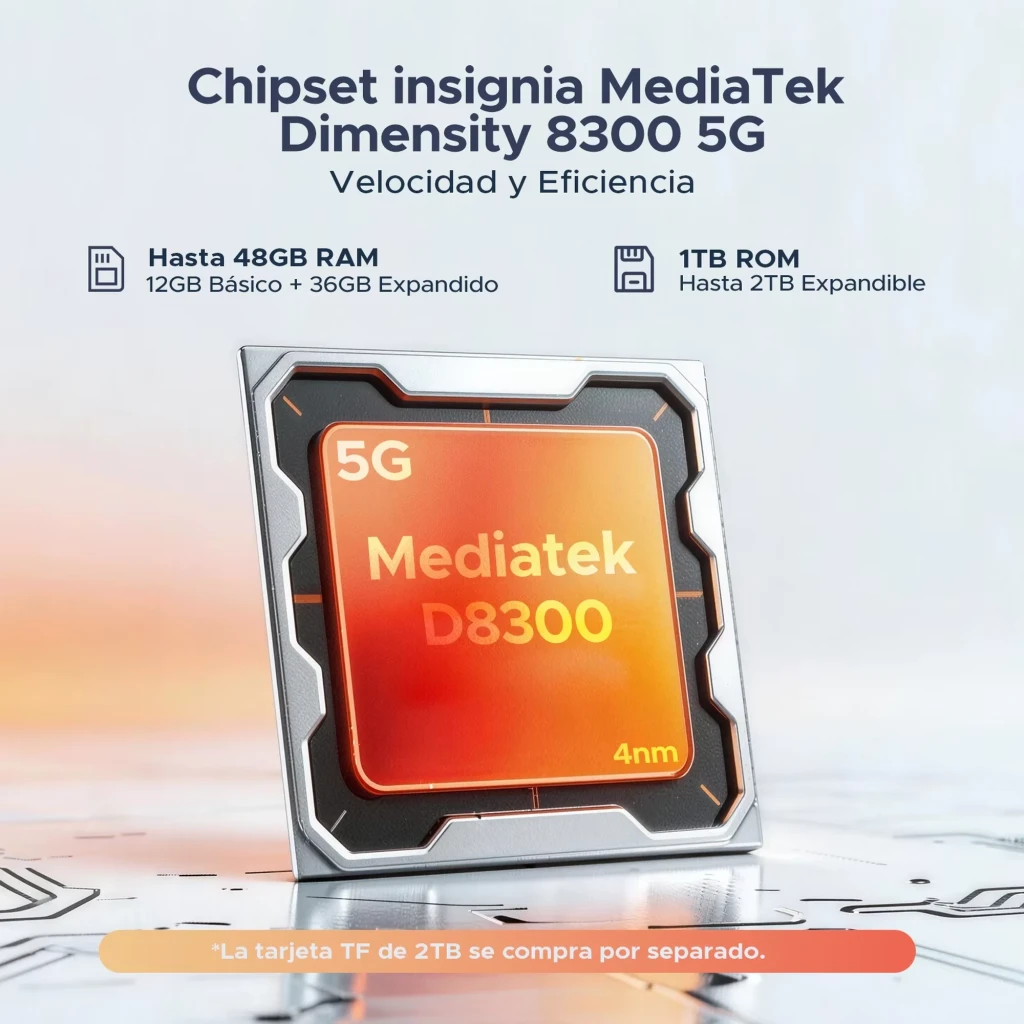 Doogee S300 Plus gris rugerizado con pantalla grande, módulo de cámara trasera octogonal prominente, detalles LED frontales, estilo robusto industrial - Ítem2