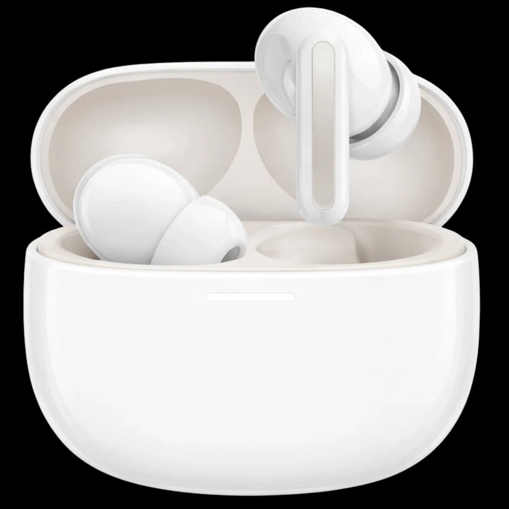 Boîtier noir mat avec écouteurs intra-auriculaires blanc, tiges brillantes, indicateur LED discret sur l’étui, design compact et minimaliste