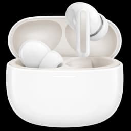 Boîtier noir mat avec écouteurs intra-auriculaires blanc, tiges brillantes, indicateur LED discret sur l’étui, design compact et minimaliste