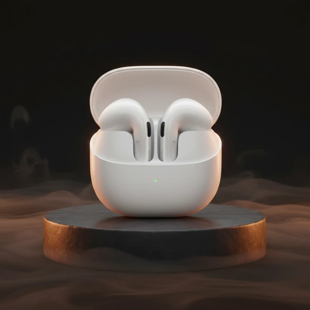 Auriculares Xiaomi Buds 6 blancos con estuche compacto, acabado brillante, indicador LED frontal y diseño in ear con vástagos cortos y boquillas ovaladas