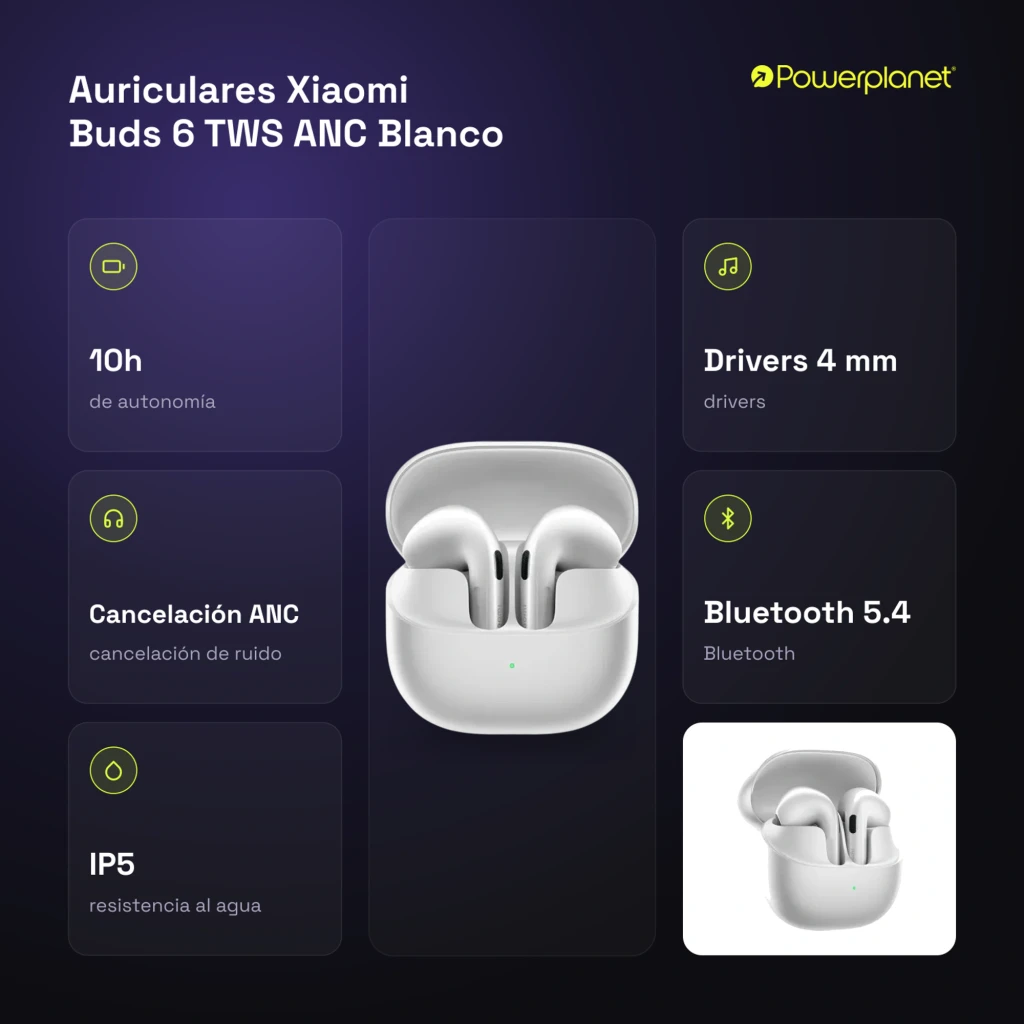 Xiaomi Buds 6 TWS ANC 55dB LDAC Blanco con estuche compacto mate y LED frontal; auriculares in ear brillantes con vástago corto y ajuste ergonómico - Ítem2