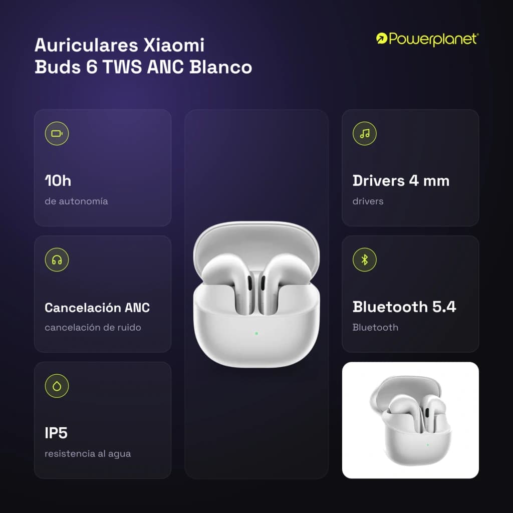 Auriculares Xiaomi Buds 6 TWS ANC en blanco con estuche compacto, indicador LED, diseño in-ear ergonómico y acabado mate; Bluetooth 5.4 e IP5 en destaque