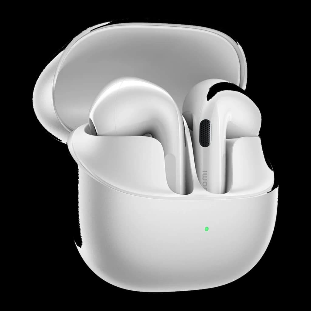 Estuche plateado compacto con dos auriculares in ear blancos Xiaomi Buds 6, diseño curvo, rejilla negra lateral y LED frontal verde indicador de carga