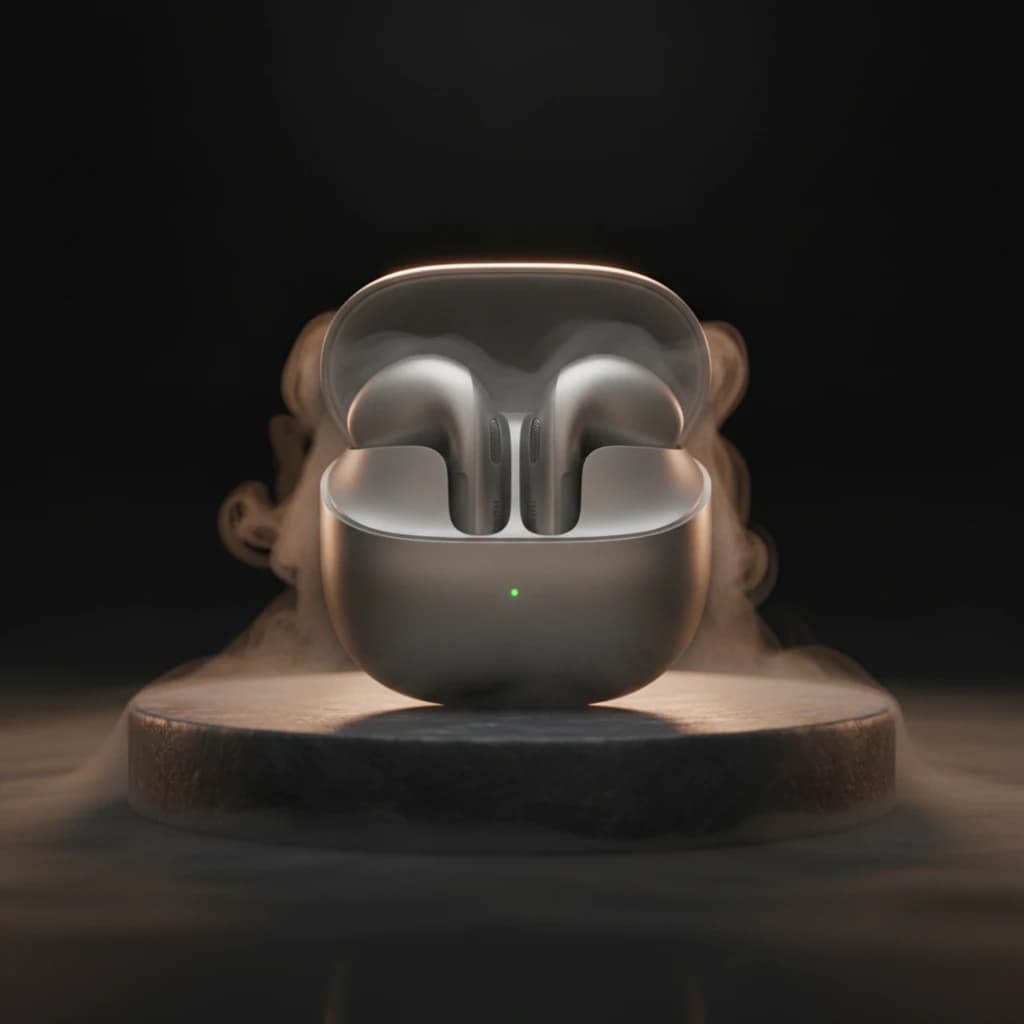 Auriculares Xiaomi Buds 6 en gris titanio con estuche compacto, LED frontal verde y acabado mate metálico; diseño TWS ergonómico y moderno en base circular