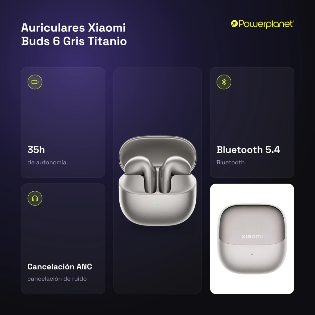 Xiaomi Buds 6 TWS ANC 55dB LDAC Gris Titanio con estuche compacto mate y LED frontal; auriculares in ear brillantes con vástago corto y ajuste ergonómico - Ítem3