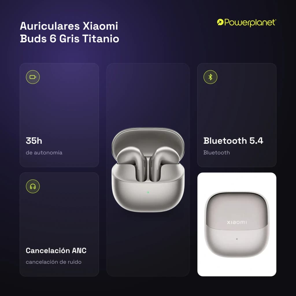 Auriculares Xiaomi Buds 6 en gris titanio con estuche magnético compacto, acabado metálico, LED frontal y diseño in-ear estilizado; soporte Bluetooth 5.4 y