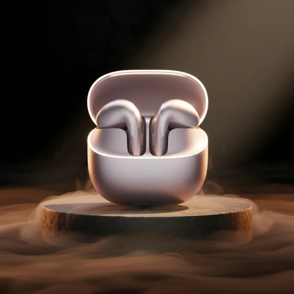 Auriculares Xiaomi Buds 6 púrpura en estuche compacto; diseño ergonómico tipo open-fit, acabado metálico, indicadores LED y rejillas de micrófono en cada - Ítem5