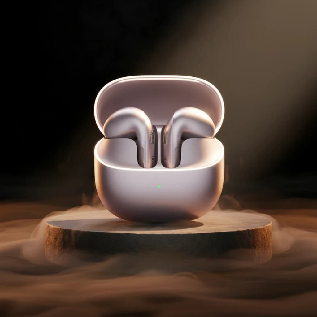 Auriculares Xiaomi Buds 6 púrpura con estuche de carga, diseño in ear brillante, LED frontal y acabado metálico; formato TWS compacto y elegante