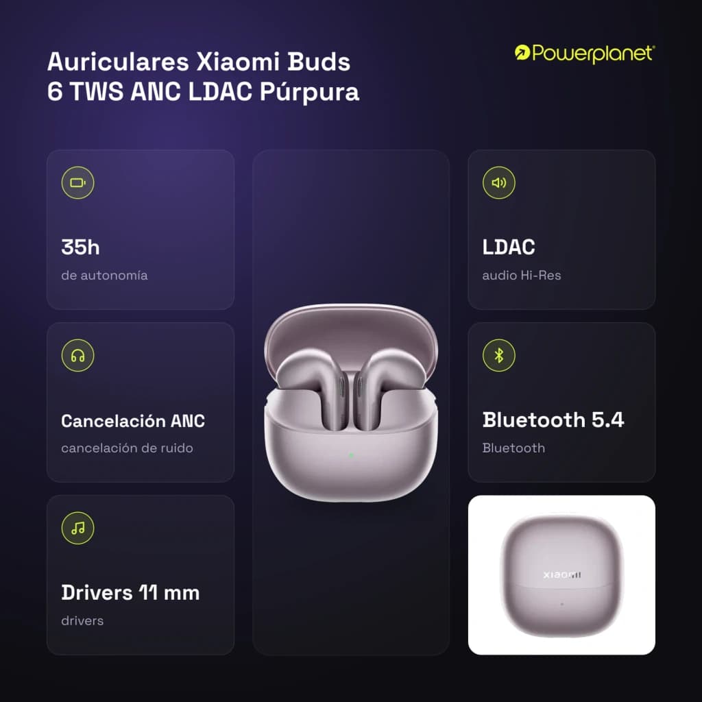Auriculares Xiaomi Buds 6 púrpura con estuche de carga mate, diseño in-ear compacto, LED frontal verde y acabado metálico elegante en pedestal iluminado