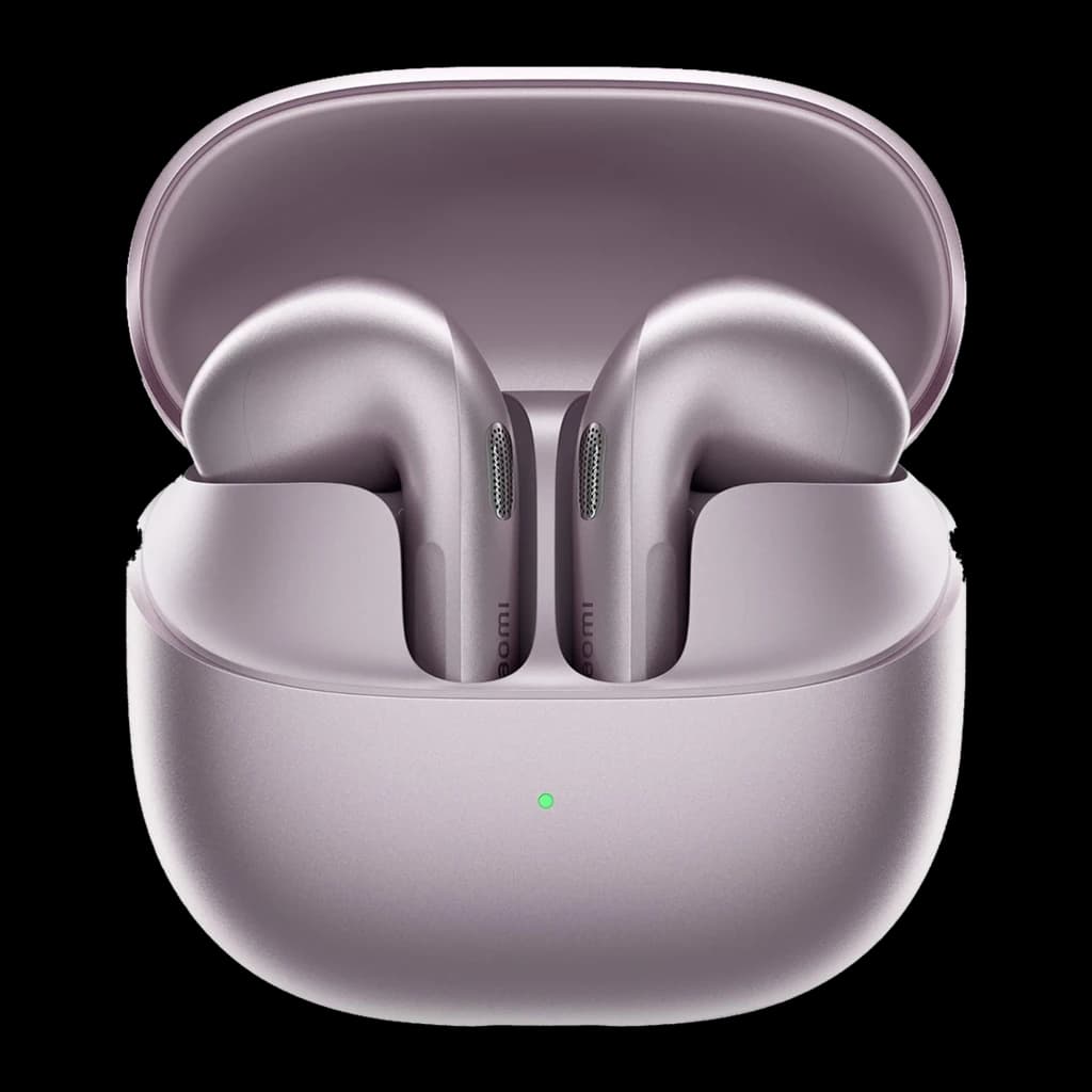 Auriculares Xiaomi Buds 6 púrpura en estuche compacto; diseño ergonómico tipo open-fit, acabado metálico, indicadores LED y rejillas de micrófono en cada
