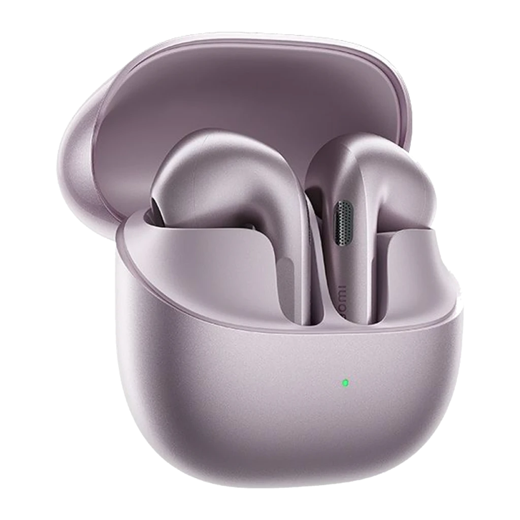 Auriculares Xiaomi Buds 6 púrpura en estuche compacto; diseño ergonómico tipo open-fit, acabado metálico, indicadores LED y rejillas de micrófono en cada - Ítem1