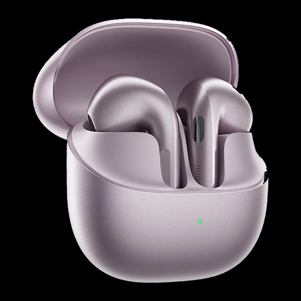 Auriculares Xiaomi Buds 6 púrpura con estuche mate, diseño in-ear con vástago corto, luz LED frontal y rejilla lateral; acabado elegante y compacto