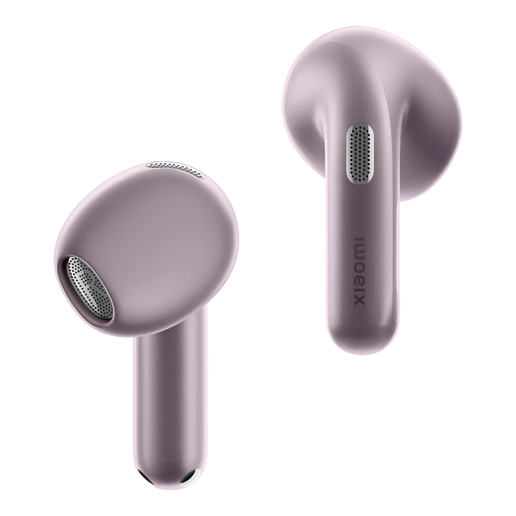 Auriculares Xiaomi Buds 6 púrpura en estuche compacto; diseño ergonómico tipo open-fit, acabado metálico, indicadores LED y rejillas de micrófono en cada - Ítem2