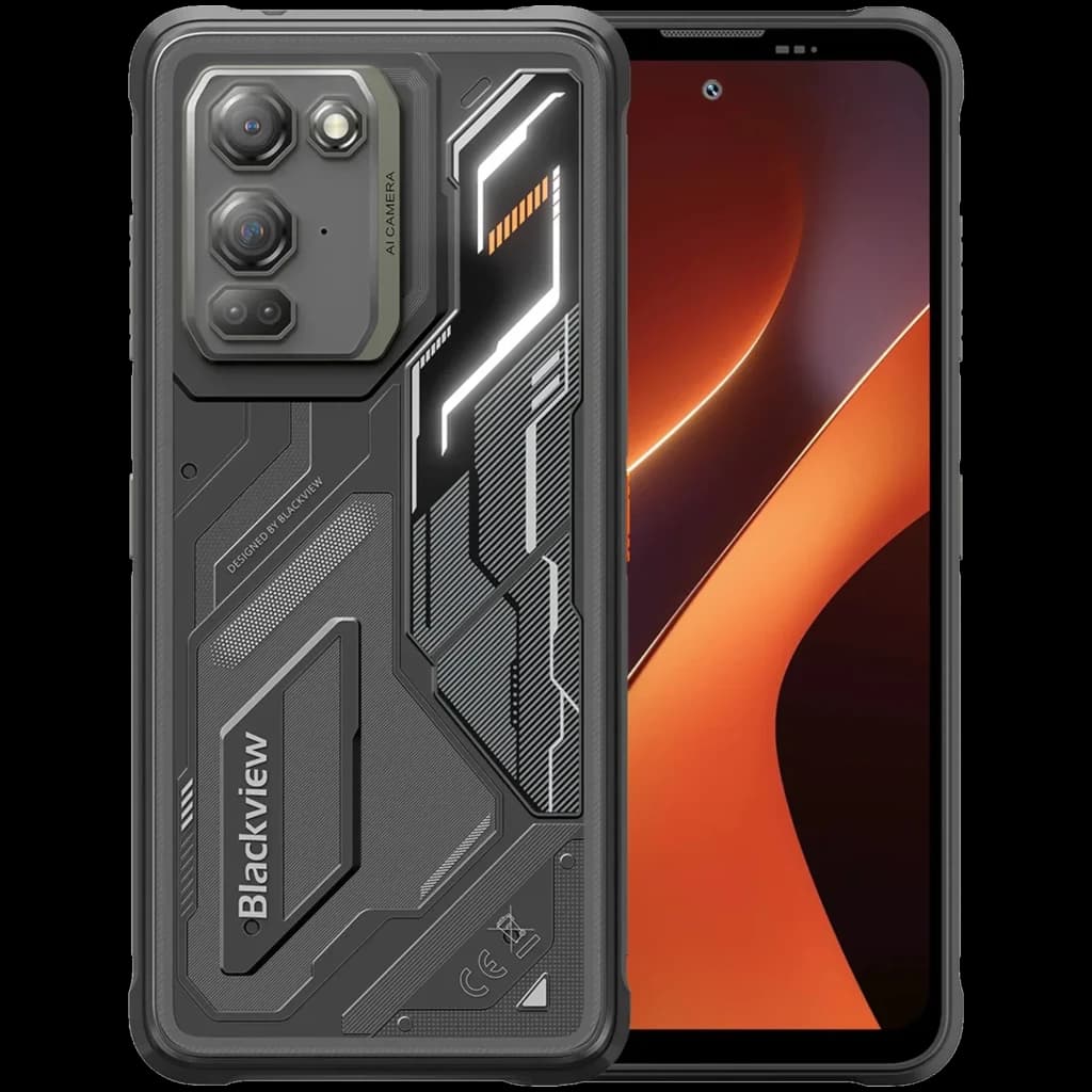 Blackview Fort 200 negro con diseño robusto, triple cámara trasera, pantalla 6.78 con biseles delgados, detalles futuristas y carcasa resistente con textura