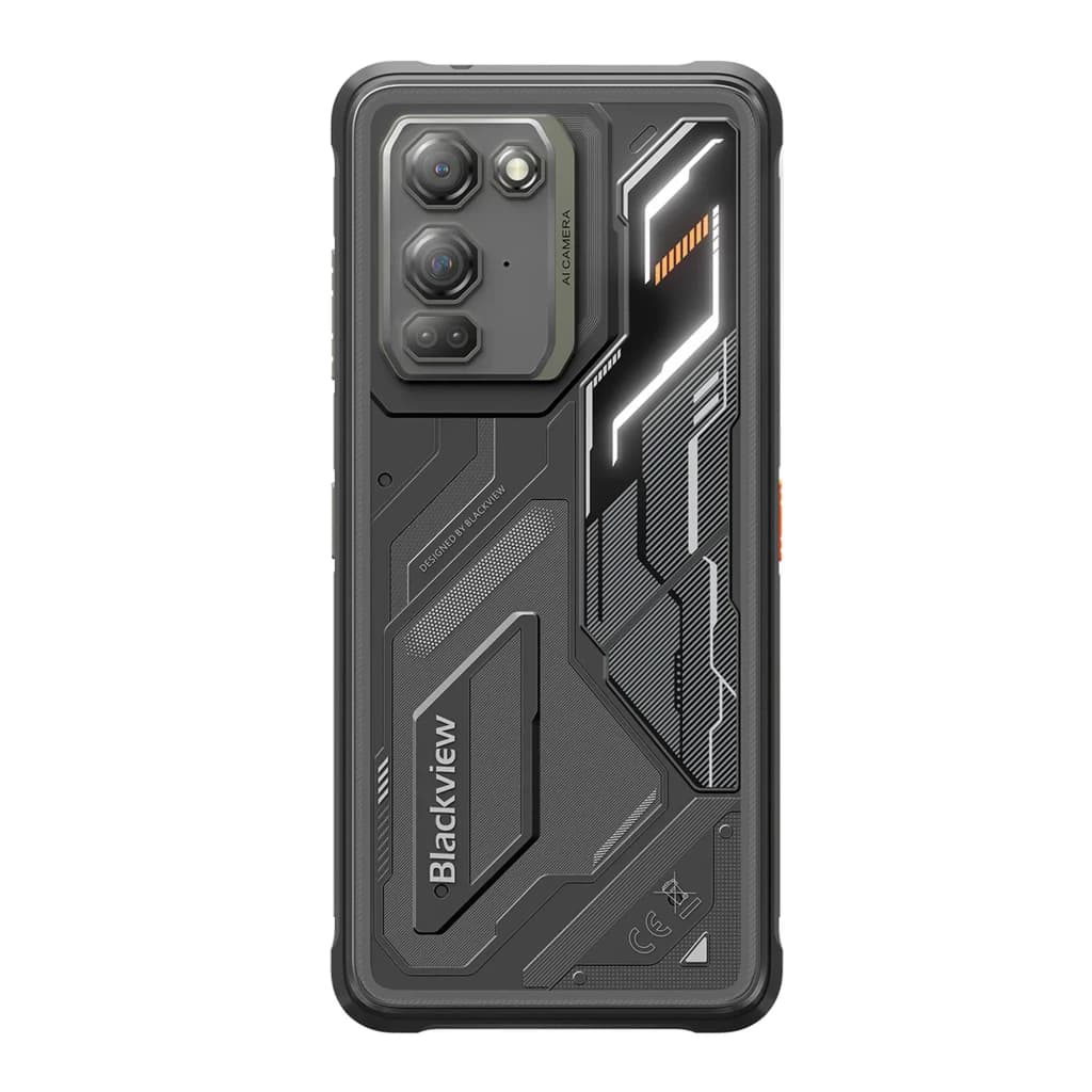 Blackview Fort 200 negro con cubierta trasera robusta, triple cámara trasera con módulo hexagonal, detalles naranjas y panel con líneas y textura futurista