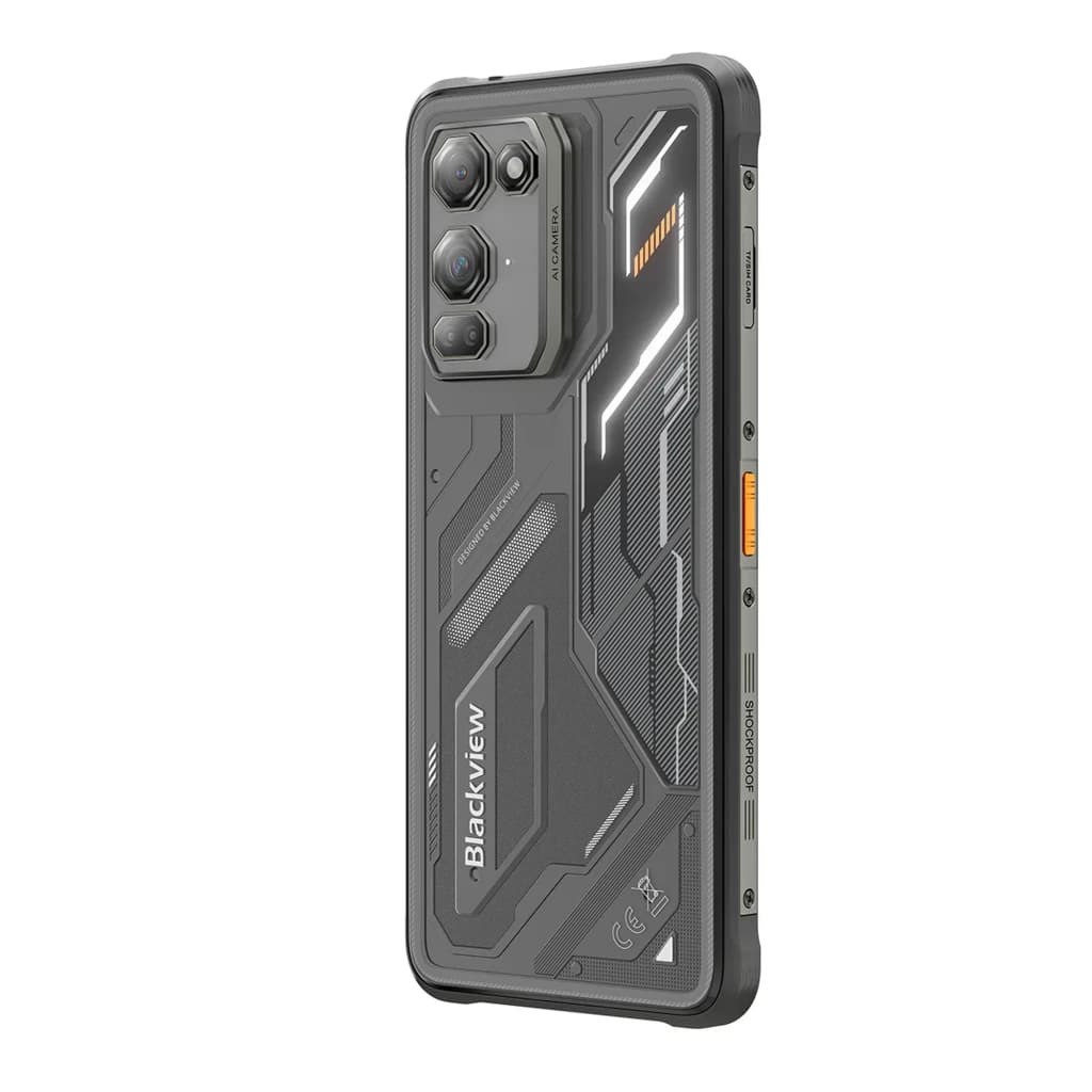 Smartphone Blackview Fort 200 negro robusto con triple cámara trasera elevada, cuerpo rugerizado con detalles geométricos y botones laterales en naranja y