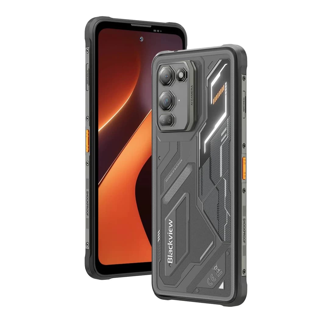 Smartphone Blackview Fort 200 negro, diseño rugerizado con triple cámara trasera, pantalla 6.78 con biseles robustos y botones laterales naranjas