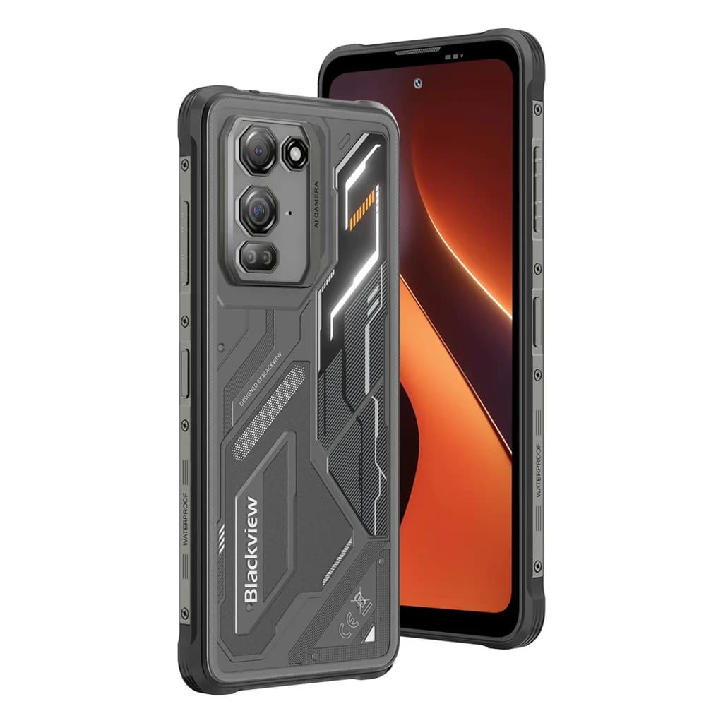 Smartphone Blackview Fort 200 negro, diseño robusto con bordes reforzados, triple cámara trasera destacada y pantalla de 6.78 pulgadas con biseles resistentes