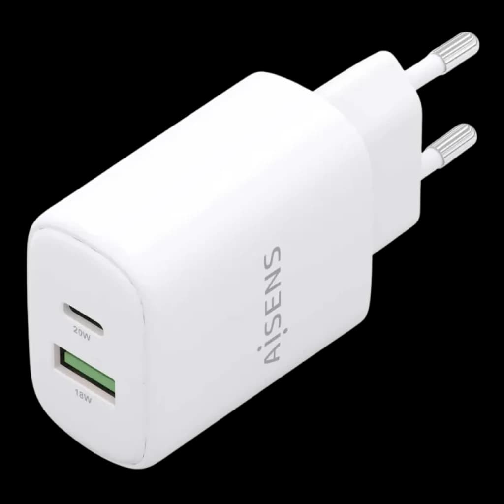 Detalle de puertos USB-C PD 3.0 y USB-A QC 3.0 en cargador Aisens.