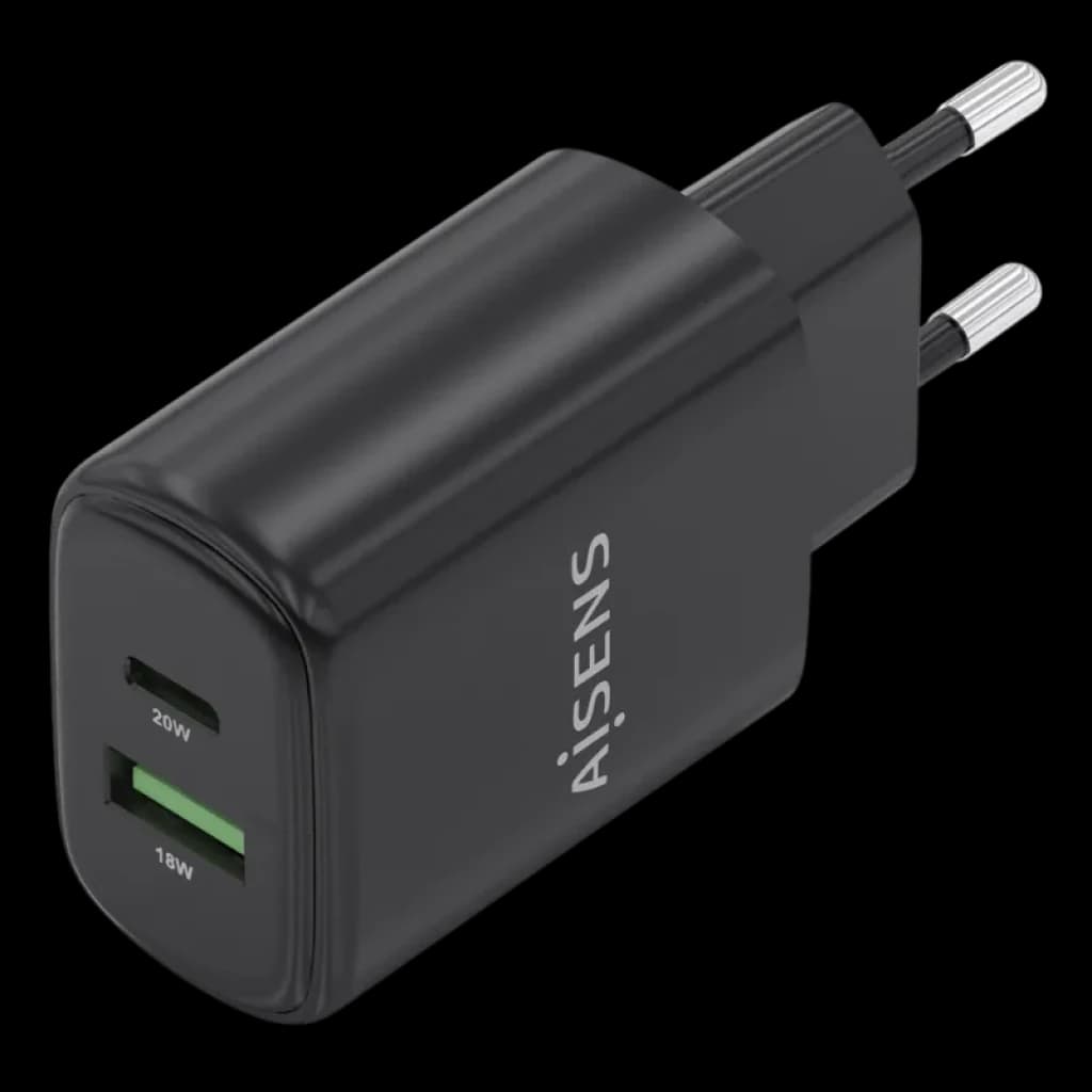 Detalle de puertos USB-C PD 3.0 y USB-A QC 3.0 en cargador Aisens