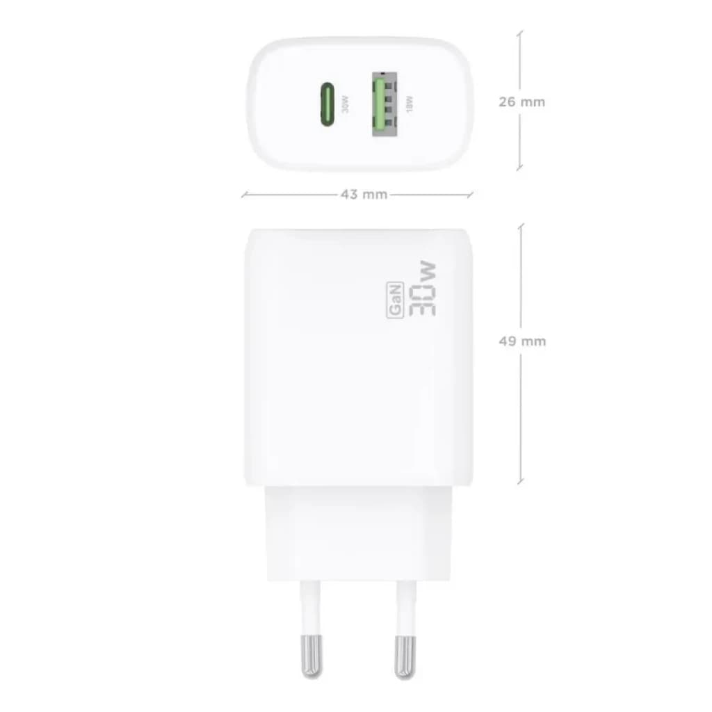 Carregador de parede branco Aisens GaN A110-0923 de 30 W com portas USB-C e USB-A, design compacto (43 x 26 x 49 mm) e ficha europeia