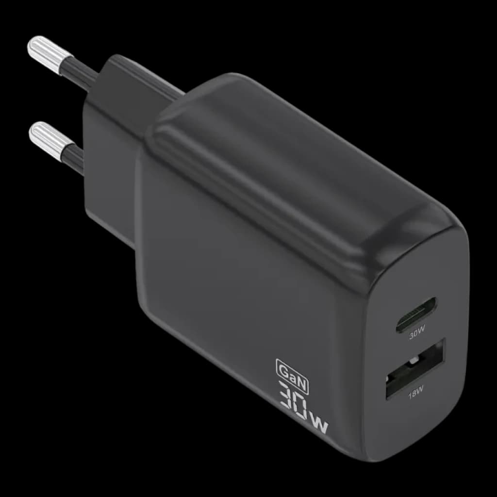 Carregador Aisens GaN de 30 W preto com portas USB-C e USB-A