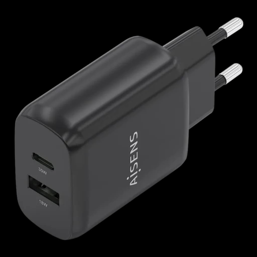 Detalhe das portas USB-C PD e USB-A no carregador compacto Aisens