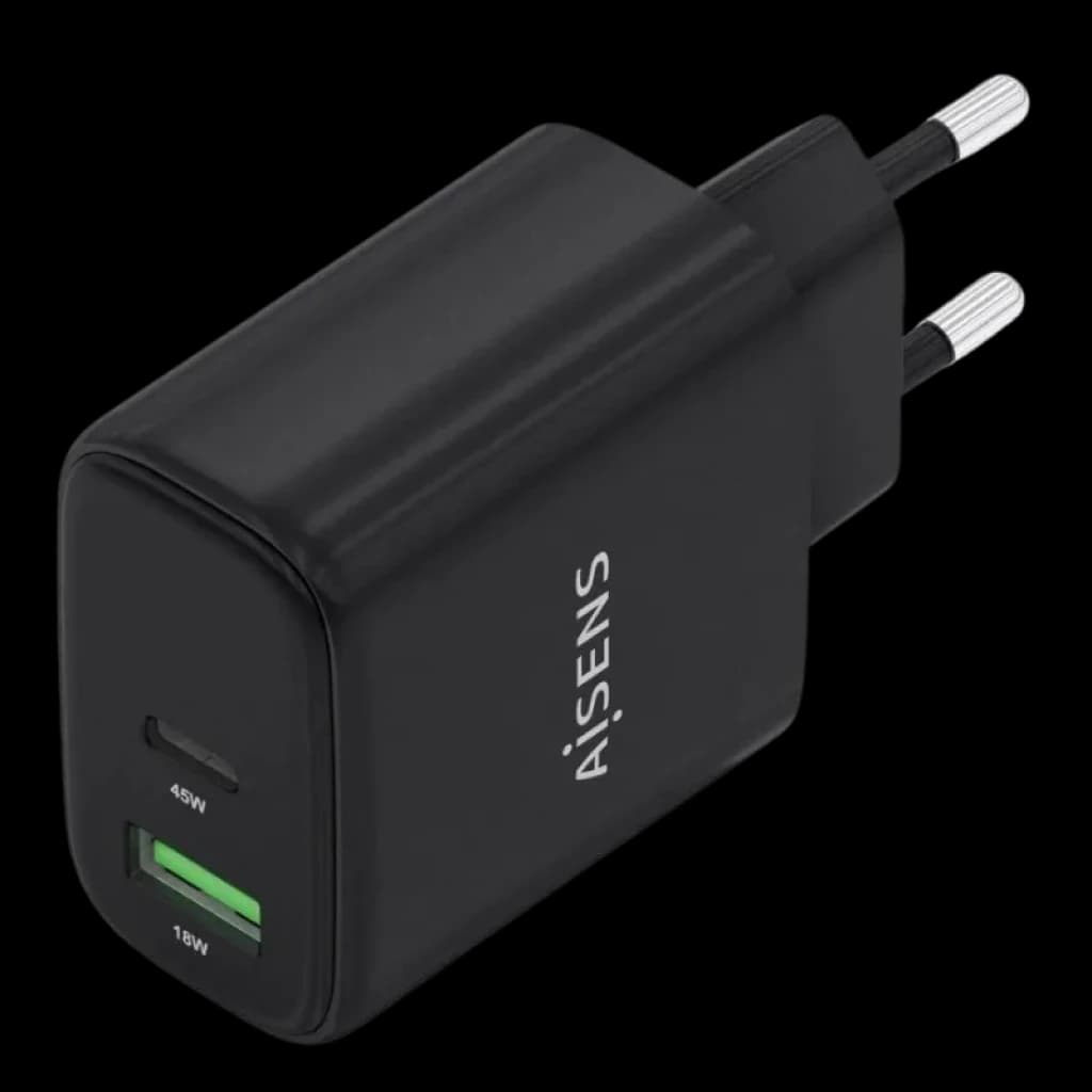 Detalhe das portas USB-C e USB-A do carregador GaN da Aisens