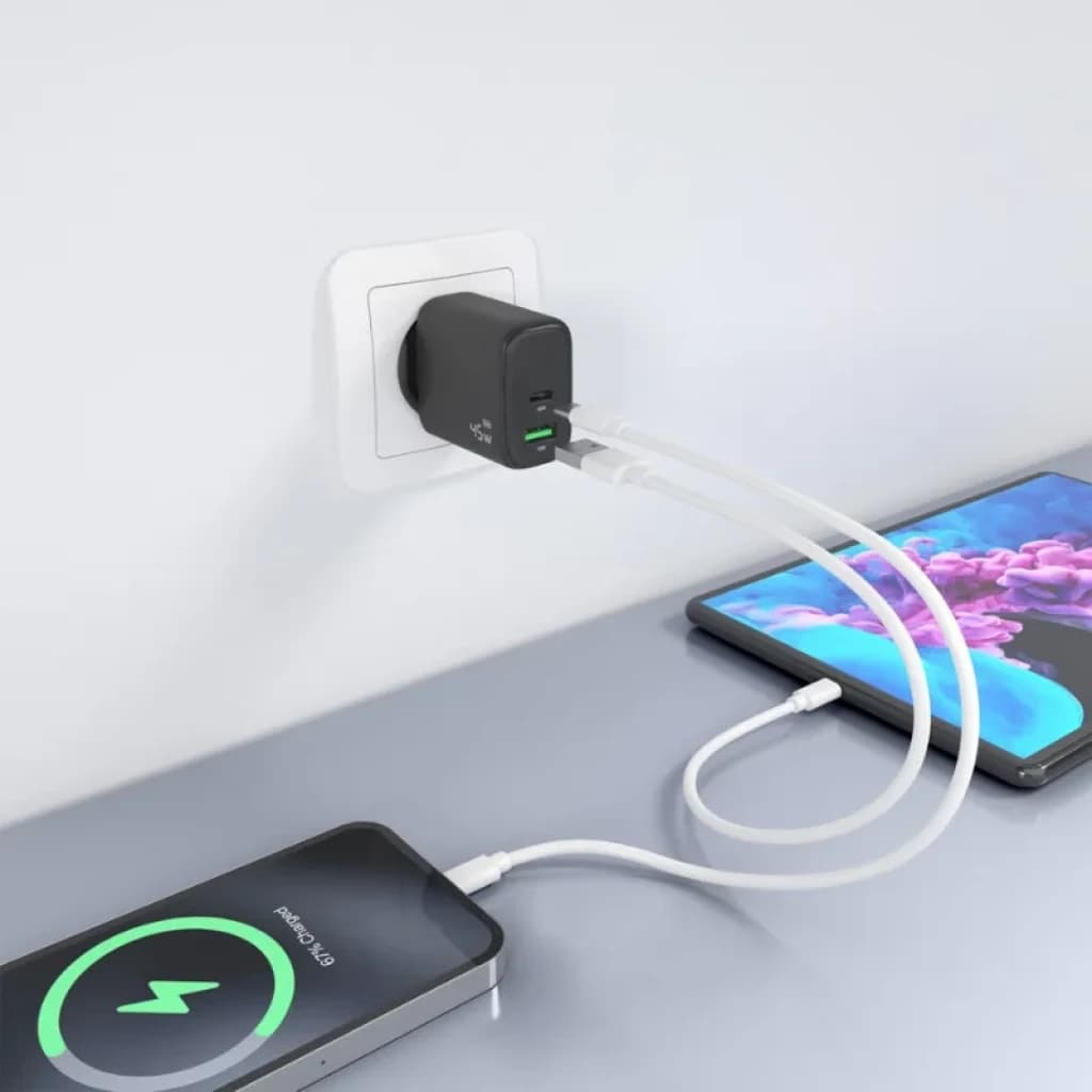 Aisens GaN A110-0972 45 W USB-C + USB-A em preto, carregador de parede compacto com duas portas, carregamento rápido simultâneo para smartphone e tablet