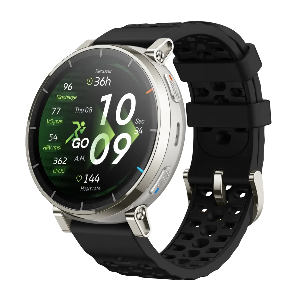 Amazfit Active 3 Premium 1.32 AMOLED táctil en color Apex Silver con correa negra perforada, bisel metálico, botones laterales y pantalla deportiva brillante - Ítem